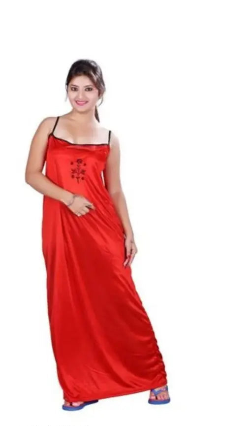 Satin embroidery two pieces Nightdress (Black & Red)