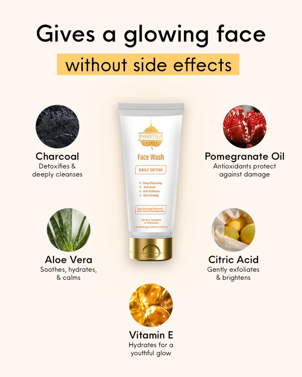 Pavitra+ Organic Activated Charcoal Acne Oil and Pollution Control Face Wash, Charcoal Black, 100 ml