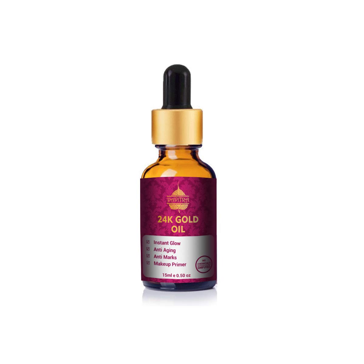 Pavitra+ 24K Gold Oil with Pure 24K Gold and Rosehip Seed Oil for Instant Glow, Anti Aging, Anti Marks, Makeup Primer use for Skin Purifying - Face Serum 15ml (Pack of 1)