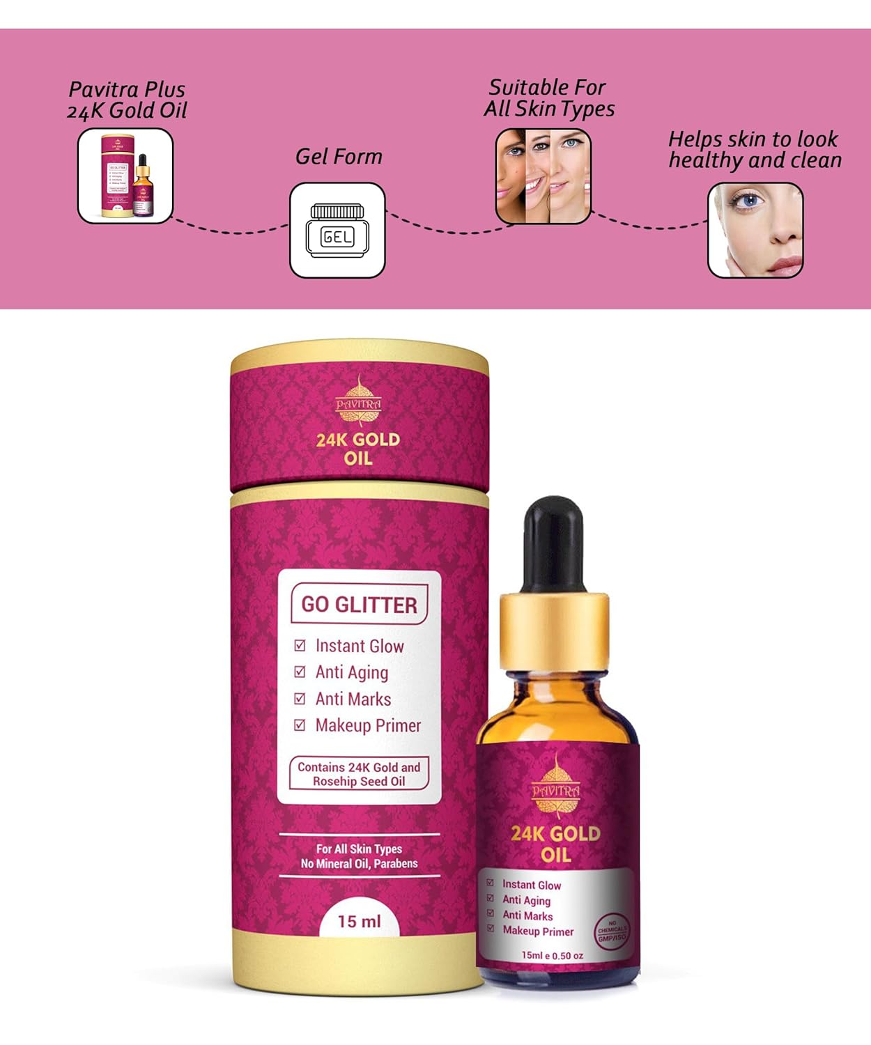 Pavitra+ 24K Gold Oil with Pure 24K Gold and Rosehip Seed Oil for Instant Glow, Anti Aging, Anti Marks, Makeup Primer use for Skin Purifying - Face Serum 15ml (Pack of 1)