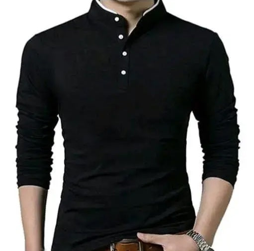 Men Full Sleeve Casual Regular Fit T Shirt | Stylish Trendy Solid Men Mandarin Collar