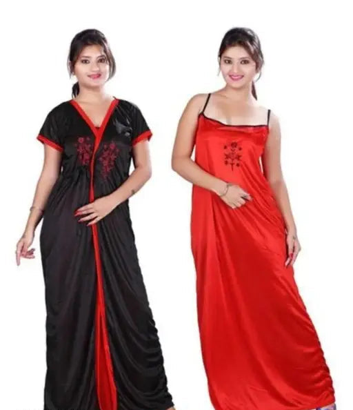Satin embroidery two pieces Nightdress (Black & Red)