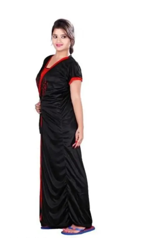Satin embroidery two pieces Nightdress (Black & Red)