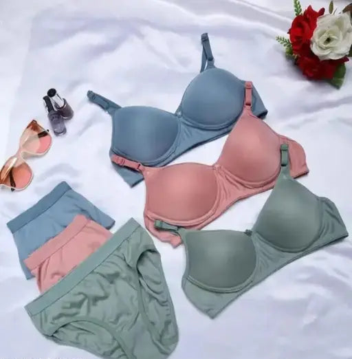Comfortable Padded Bra Panty Set ( 3 Bra and 3 Panty) (Color are in Images)