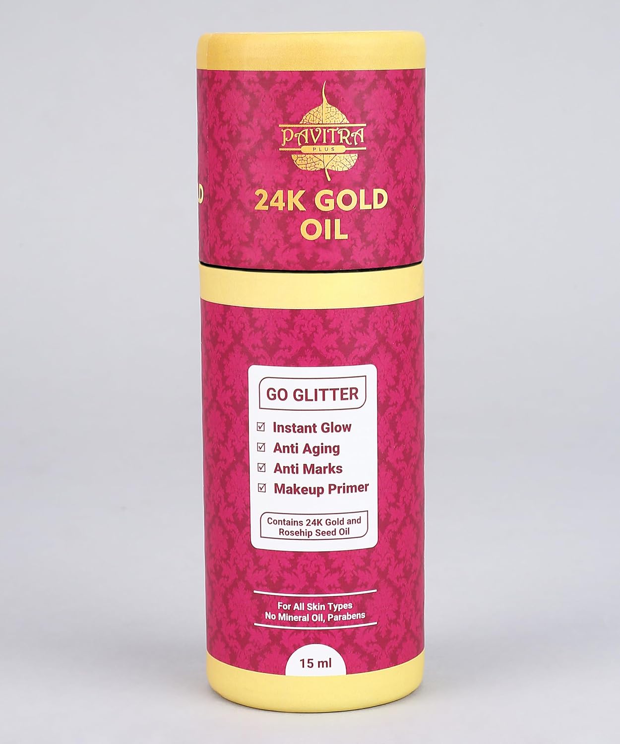 Pavitra+ 24K Gold Oil with Pure 24K Gold and Rosehip Seed Oil for Instant Glow, Anti Aging, Anti Marks, Makeup Primer use for Skin Purifying - Face Serum 15ml (Pack of 1)
